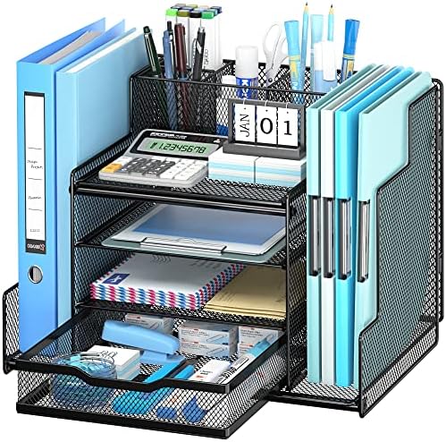 VIVSOL Desk Organizers and Accessories, 4-Tier Office Supplies Desk Organizer VIVSOL Desk Organizers and Accessories, 4-Tier Office Supplies Desk Organizer with 2-File Organizer with Sliding Drawer, 3 Trays and Large Capacity Pen Holder, Mesh Desk Accessories, Black (4-Tier)
