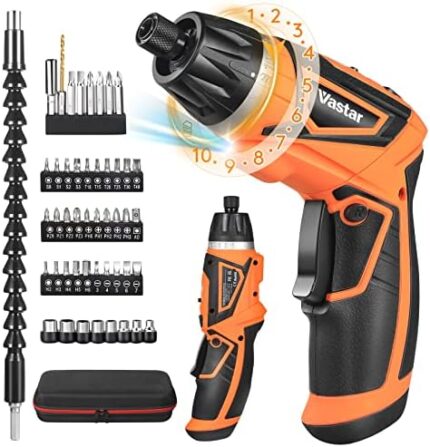 Vastar 7.2V Cordless Screwdriver, Electric Power Screwdriver Set With Rechargeable Battery & Pivoting Handle, 320RPM/10+1 Torque Small Automatic Screw driver Kit with 47Pcs Bits/LED Front Light