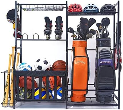 WALMANN Garage Sports Equipment Organizer, Golf Bag Stand for Garage Ball Storage Rack Indoor/Outdoor Kids Toys Storage Organizer Bins, Ball Holder with Baskets