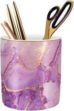 WAVEYU Pen Holder for Desk, Cute Ceramic Pencil Holder, Pen Cup Marker Holder Makeup Brush Holders, Desk Accessories & Workspace Organizers for Home, School & Office, Purple Marble