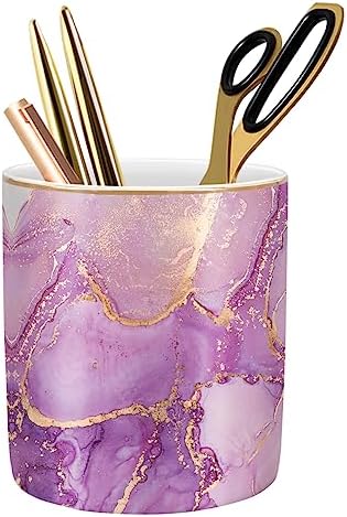 WAVEYU Pen Holder for Desk, Cute Ceramic Pencil Holder, Pen Cup Marker Holder Makeup Brush Holders, Desk Accessories & Workspace Organizers for Home, School & Office, Purple Marble