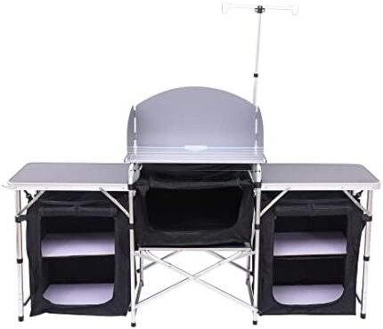 WGOS Camping Kitchen Table, Outdoor Cook Station, Camping Kitchen Station, Cooking Station Outdoor Table with Light Stand (Silver)