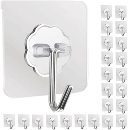 Wall Hooks for Hanging 33lbs(Max), Heavy Duty Self Adhesive Hooks, 12-Pack Waterproof Clear Adhesive Hooks for Keys, Bathroom, Shower, Outdoor, Kitchen Door, Home Improvement Utility Hooks