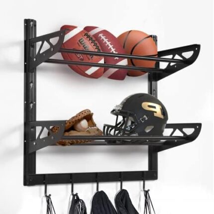 Wallmaster Garage Sports Equipment Organizer Ball Storage Rack Wall Mount Adjustable 2 Layers Steel Black Sports Gear Storage Holder with 5 Hooks