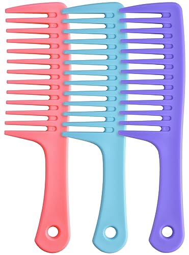 Wide Tooth Comb and Large Hair Detangling Comb, Durable Hair Brush for Best Styling and Professional Hair Care, Suitable for Curly Hair, Long Hair, Wet Hair in all Types, Reduce Hair Loss and Dandruff&Headache-Minimal breakages (Pink，Blue，Purple)