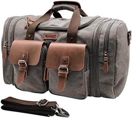 Wildroad 50L Travel Duffel Bag, Expandable Canvas Genuine Leather Duffle Bag Upgraded Overnight Weekender Bag Carry on Bag
