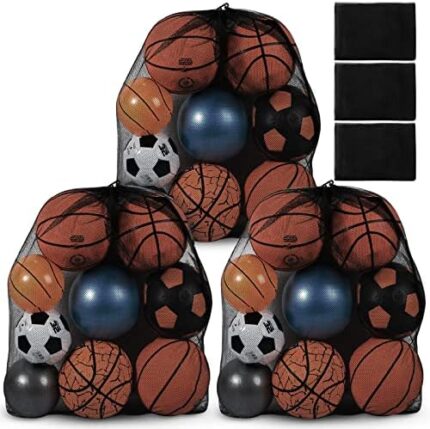 Woanger 3 Pcs Extra Large Mesh Bag Soccer Ball Bag with Adjustable Shoulder Strap Drawstring Sports Ball Bag Storage Ball Net Bag Sports Equipment Bag for Beach Gym Basketball, 35.4 x 27.5 Inch