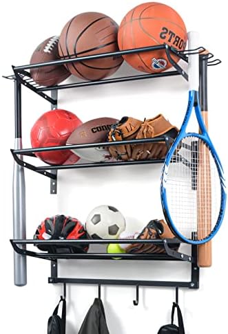 XCSOURCE Garage Sports Equipment Storage Rack with 3 Separate Shelf, Ball Rack, Sport Equipment Organizer with 4 Hooks for Badminton Racket, Basketball Rack for Basketball Football Rugby
