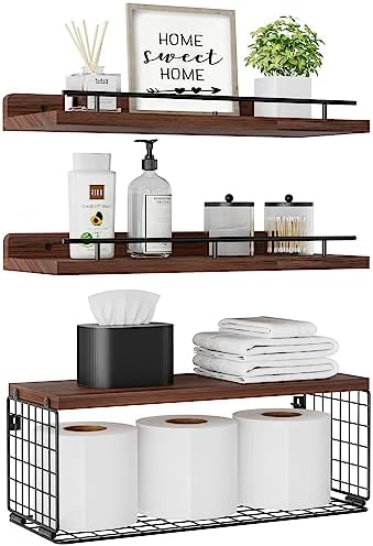 Xeapoms Floating Shelves with Wire Storage Basket, Wall Mounted Bathroom Shelves Over Toilet with Metal Guardrail, Rustic Wood Wall Shelf for Bathroom Decor,Bedroom,Living Room,Kitchen – Rustic Brown