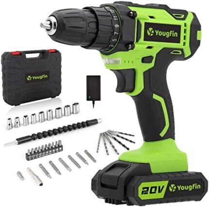 Yougfin Drill Set, 20V Cordless Drill with Battery and Charger, 3/8" Keyless Chuck, Variable Speed Power Drill, 25+1 Position Clutch, 34pcs Accessories Electric Drill Power Tool for Home Improvement