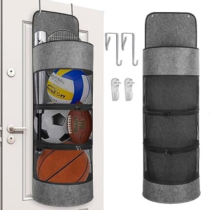 ZOCHON Over The Door Hanging Sports Equipment Organizer, Ball Storage, Garage Sports Equipment Organizer, Back of Door Storage Organizer for Basketball, Football, Volleyball, Tennis, and Toy Storage