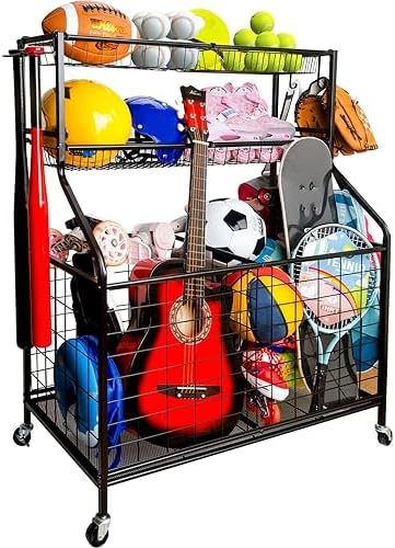 ZONRUNZ Garage Sports Equipment Organizer Ball Storage Rack, Garage Ball Storage, Sports Gear Storage with Baskets, Hooks, Rolling Sports Ball Storage Cart - Steel, Black