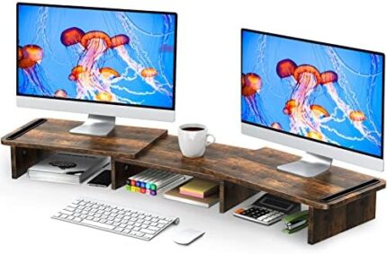 Zimilar Dual Monitor Stand Riser, Monitor Stand with Adjustable Length and Angle, Wood Monitor Stand for Desk, Monitor Riser for 2 Monitors with Storage Space (Rust Brown Large)