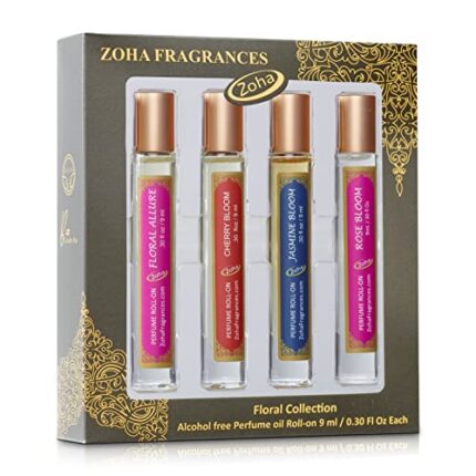 Zoha Perfume Gift Set for Women & Men | Floral Perfumes Collection | Alcohol Free & Essential Oil Based | Long Lasting & Vegan Fragrance Four Roll On 9 ml/0.30 Oz Each
