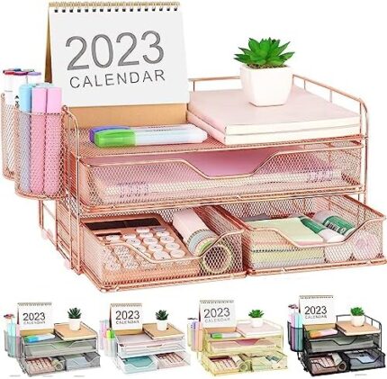 gianotter 3 Tier Desk Drawer Organizer, Office Desk Organizers and Accessories with 2 Pen Holder, Desk Accessories & Workspace Organizers for Home Office Supplies (Rose Gold)