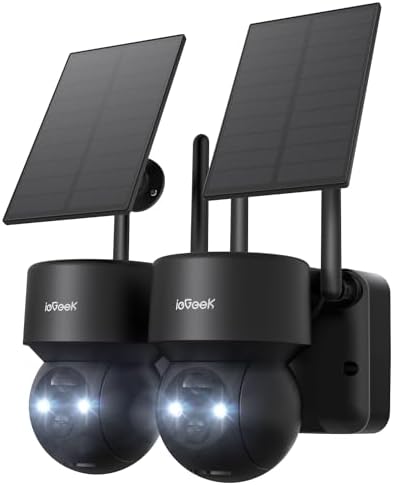 ieGeek Security Cameras Wireless Outdoor - 2 Pack 2K WiFi Solar Camera System with 360°PTZ for Home Outside Surveillance, Battery Powered Cam Works with Alexa, 3MP Color Night Vision, 2-Way Audio, AI