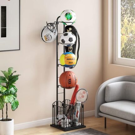 lesolar Basketball Rack - Sports Equipment Organizer - Ball Rack Ball Organizer for Garage with Hook Basket for Basketball Football Badminton Volleyball