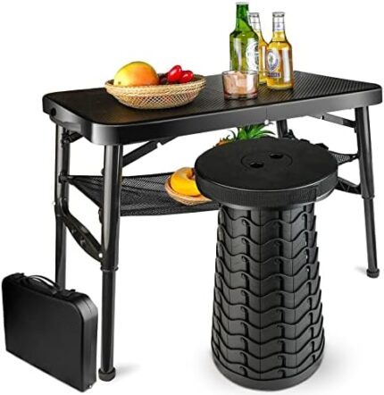 maliven Portable Folding Table and Stool Set, Lightweight Foldable Table & Collapsible Stool for Camping Picnic Beach Fishing, Sturdy Small Outdoor Table with Mesh Layer Storage