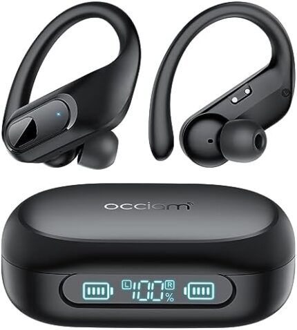 occiam Wireless Earbuds Bluetooth 5.3 Headphones 96Hrs Playback Sports Ear Buds with Microphone Earhook Waterproof in Ear Earphones LED Power Display Headset for Workout Running Black