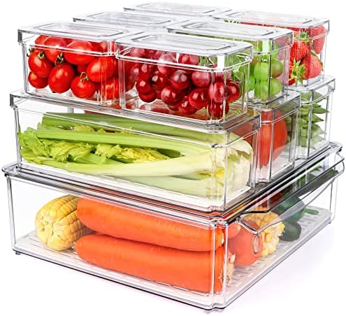 10 Pack Refrigerator Pantry Organizer Bins, Stackable Fridge Bins with 10 Pack Refrigerator Pantry Organizer Bins, Stackable Fridge Bins with Lids, Clear Plastic for Kitchen, Countertops, Cabinets, Fridge, Drinks, Fruits, Vegetable, Cereals