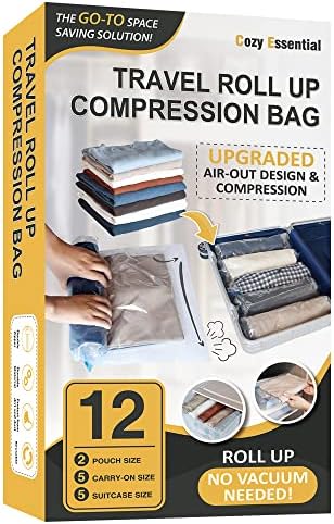12 Travel Compression Bags Vacuum Packing, Roll Up Space Saver Bags for Luggage, Cruise Ship Essentials (5 Large /5 Medium/2 Small Roll)