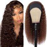 14 Inch #4 Brown Curly Wave Headband Wig Human Hair No Lace Front Wig Chocolate Brown Wig Human Hair 150% Density Machine Made Headband Wig Glueless Wig