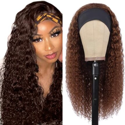 14 Inch #4 Brown Curly Wave Headband Wig Human Hair No Lace Front Wig Chocolate Brown Wig Human Hair 150% Density Machine Made Headband Wig Glueless Wig