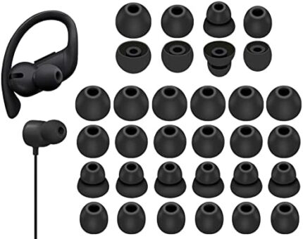 16 Pairs Powerbeats Pro Ear Tips Buds, 4 Size Replacement Soft Flexible Fit in Case Noise Reduce Silicone Rubber Gel Earbuds Eartips Wing Skin Accessories Compatible with Beats Flex/BeatsX - Black