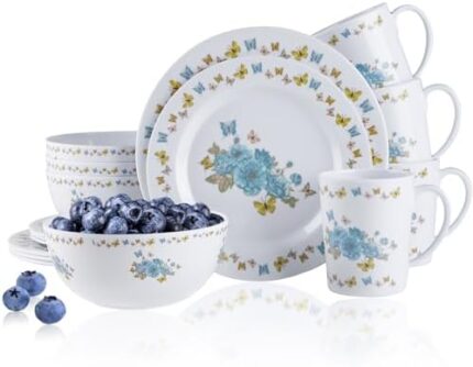 16-Piece Service for 4 Dinnerware Set, Melamine Kitchen Dinnerware Set with Plates, Bowls and Mugs Lightweight Unbreakable for Indoor Outdoor, Camping Dishware Set Tableware Set Dishwasher Safe