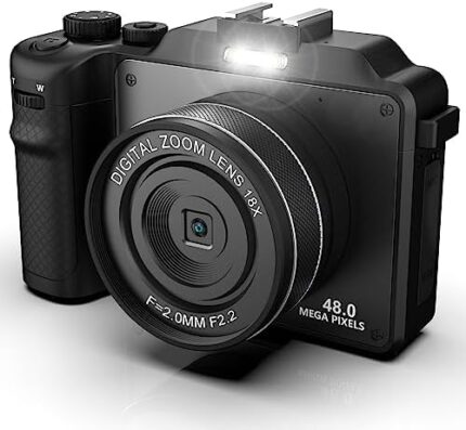Vlogging Camera, 4K 48MP Digital Camera with WiFi, Free 32G TF Card & Hand Strap, Auto Focus & Anti-Shake, Built-in 7 Color Filters, Face Detect, 3'' IPS Screen, 140°Wide Angle, 18X Digital Zoom AA-13