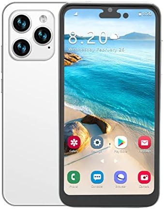 I14pro max Unlocked Smartphone 4G, Unlocked Cell Phone with 6.1 Inch LCD 720P IPS HD Screen, Support Dual Camera, Face Unlock, Dual SIM 3G Mobile Phone, MTK6737, 4G 48G, Dual Band 5G WiFi(White)