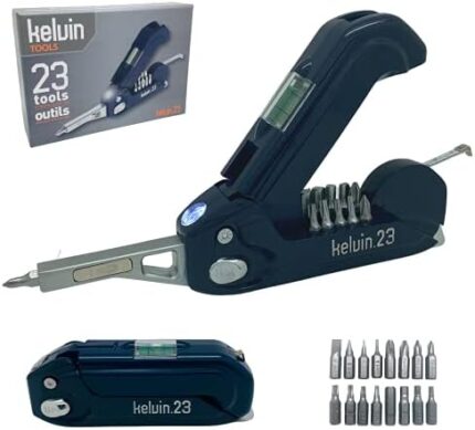 Kelvin Tools Kelvin 23 | The Palm-Sized Urban Ultra Multi-Tool Set | 23 Integrated Tools: 16 Bit Screwdriver Set, Tape Measure, Liquid Level, Hammer, and Flashlight (Navy)