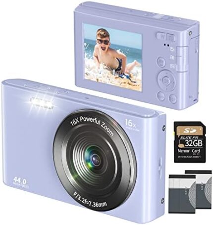 Digital Camera Cheap, UIKICON 4K 44MP Kids Camera with 32GB SD Card, 2.4 Inch Point and Shoot Camera with 16X Digital Zoom, Compact Camera for Kids Teens Boys Girls Adults Students Seniors(X3-Purple1)