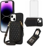 Asuwish Phone Case for iPhone 15 Plus 6.7 inch Wallet Cover with Screen Protector Mirror Credit Card Holder Crossbody Strap Cell i-Phone 15+ iPhone15Plus 5G i i15 + iPhone15 15Plus Women Girls Black
