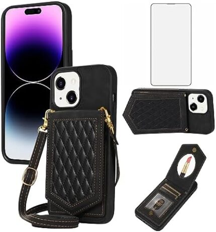 Asuwish Phone Case for iPhone 15 Plus 6.7 inch Wallet Cover with Screen Protector Mirror Credit Card Holder Crossbody Strap Cell i-Phone 15+ iPhone15Plus 5G i i15 + iPhone15 15Plus Women Girls Black