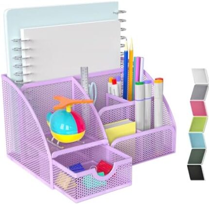 Banshou Desk Organizer Office Accessories,Mesh Desk Office Organizer with Drawer and 6 Compartments 8.74x5.51x5.12 inch,For Office,Home,School,Classroom,kitchen(Purple)