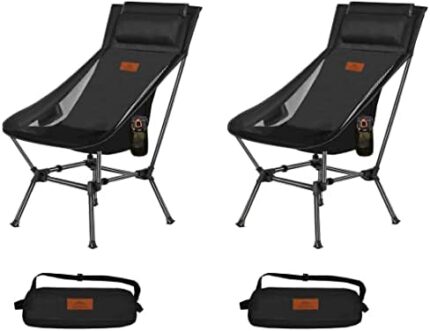 AnYoker Camping Chair, 2 Way Compact Backpacking Chair, Portable Folding Chair, Beach Chair with Side Pocket and headrest, Lightweight Hiking Chair 0166 (Black 2 Pack)