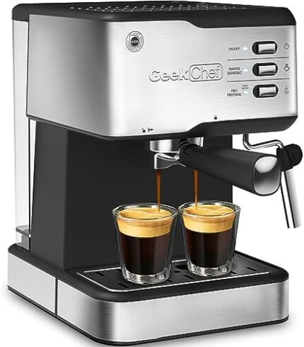 Geek Chef Espresso Machine 20 Bar, Cappuccino latte Maker Coffee Machine with ESE POD capsules filter&Milk Frother Steam Wand, 1.5L Water Tank, for Home Barista, Stainless steel 950W, Silver
