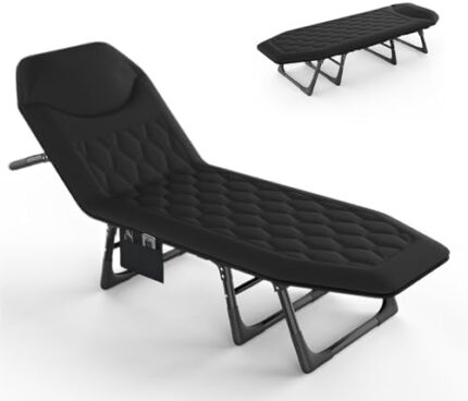 Slendor 2 in 1 Folding Camping Cot & Lounge Chair, 6 Positions Adjustable Sleeping Cots with Mattress, Pillow, Lightweight Camp Cot, Chaise Lounge Cot Bed for Office, Patio, Beach, Poolside,Black