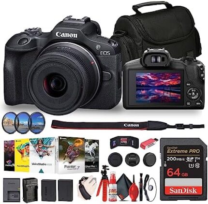 Canon EOS R100 Mirrorless Camera with 18-45mm Lens (6052C012) + Filters + Corel Photo Software + Bag + 64GB Card + LPE17 Battery + Charger + Card Reader + Flex Tripod + Cleaning Kit + More (Renewed)