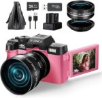 G-Anica Digital Cameras for Photography, 48MP&4K Video/Vlogging Camera for YouTube with WiFi, 60FPS Autofocus Travel Camera with Wide-Angle & Macro Lens （Pink）