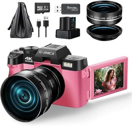 G-Anica Digital Cameras for Photography, 48MP&4K Video/Vlogging Camera for YouTube with WiFi, 60FPS Autofocus Travel Camera with Wide-Angle & Macro Lens （Pink）