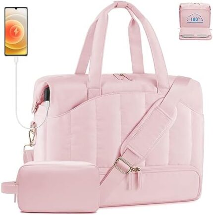 ETRONIK Weekender Bag for Women, 45L Travel Duffle Bag with 17 inch Laptop Compartment, Carry on Overnight Bag with Shoe Compartment & Wet Pocket, Travel Tote Bag for Work, Gym, Hospital, Yoga, Pink