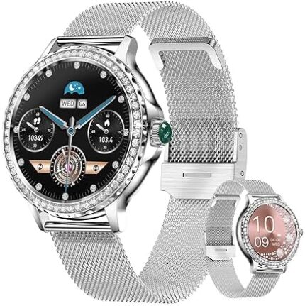 Torich Smart Watches for Women with Diamonds, 100+ Sport Modes,Sport Fitness Tracker, Alexa Built-in(Answer/Make Call),Menstrual Cycle Monitoring Tracker, 2 Straps, Android iOS (Silver)