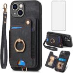 Asuwish Phone Case for iPhone 15 Plus 6.7 inch Wallet Cover with Screen Protector and Wrist Strap Lanyard RFID Card Holder Ring Stand i-Phone 15+ iPhone15Plus 5G i i15 + iPhone15 15Plus Women Black