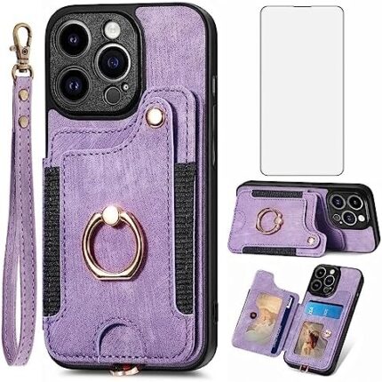 Asuwish Phone Case for iPhone 15 Pro Max 6.7 inch Wallet Cover with Screen Protector and Wrist Strap RFID Credit Card Holder Ring Stand iPhone15promax 5G i Phone15Max Plus iPhone15 ProMax Women Purple