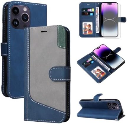Asuwish Phone Case for iPhone 15 Pro Max 6.7 inch Wallet Cover with Screen Protector and Leather Flip Cover Card Holder Cell iPhone15promax 5G i Phone15Max Plus iPhone15 ProMax Women Men Blue