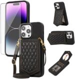 Asuwish Phone Case for iPhone 15 Pro Max 6.7 inch Wallet Cover with Screen Protector and Mirror Card Holder Crossbody Strap Cell iPhone15promax 5G i Phone15Max Plus iPhone15 ProMax Women Girls Black