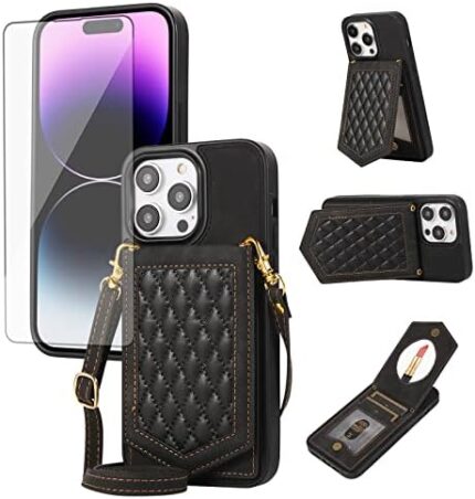 Asuwish Phone Case for iPhone 15 Pro Max 6.7 inch Wallet Cover with Screen Protector and Mirror Card Holder Crossbody Strap Cell iPhone15promax 5G i Phone15Max Plus iPhone15 ProMax Women Girls Black