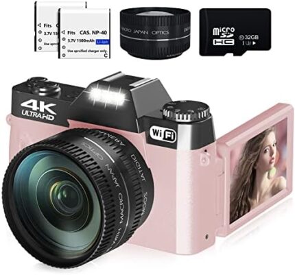 Digital Cameras for Photography, 4K 48MP Vlogging Camera for YouTube with WiFi, Manual Focus, 16X Digital Zoom, 52mm Wide Angle Lens & Macro Lens, 32GB TF Card and 2 Batteries(Pink)